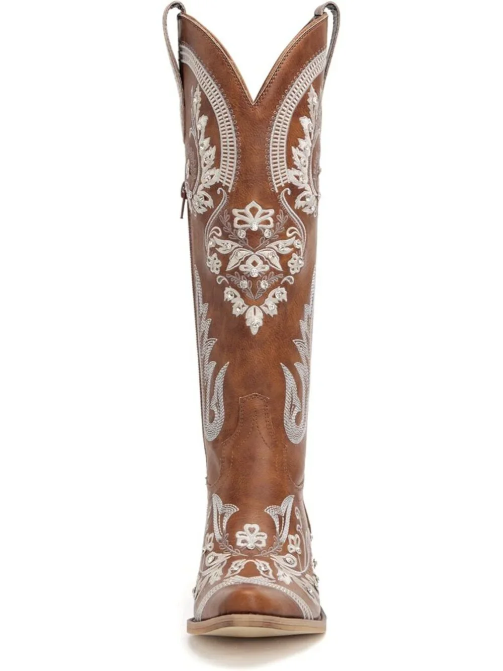 Women's Brown Knee High Embroidered Rhinestones Chunky Heel Tall Boots